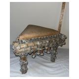 Antique Triangular Wood and Upholstered Stool with Ornate Spool Turned Details
