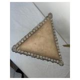 Antique Triangular Wood and Upholstered Stool with Ornate Spool Turned Details