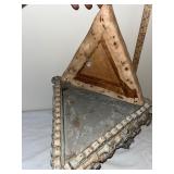 Antique Triangular Wood and Upholstered Stool with Ornate Spool Turned Details