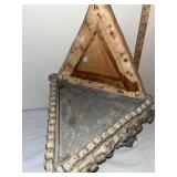 Antique Triangular Wood and Upholstered Stool with Ornate Spool Turned Details