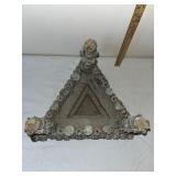 Antique Triangular Wood and Upholstered Stool with Ornate Spool Turned Details