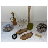 Variety Lot: Russian Lacquer Box, Wooden Shoes, Pine Cone, Ceramic Hand, and More