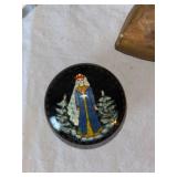 Variety Lot: Russian Lacquer Box, Wooden Shoes, Pine Cone, Ceramic Hand, and More