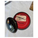 Variety Lot: Russian Lacquer Box, Wooden Shoes, Pine Cone, Ceramic Hand, and More