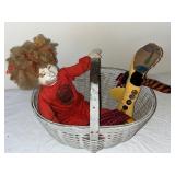 Vintage Cloth Art Doll, Handmade Fabric Doll, and White Wicker Basket Set