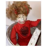 Vintage Cloth Art Doll, Handmade Fabric Doll, and White Wicker Basket Set
