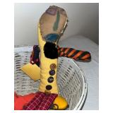 Vintage Cloth Art Doll, Handmade Fabric Doll, and White Wicker Basket Set