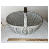 Vintage Cloth Art Doll, Handmade Fabric Doll, and White Wicker Basket Set