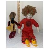 Vintage Cloth Art Doll, Handmade Fabric Doll, and White Wicker Basket Set