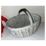 Vintage Cloth Art Doll, Handmade Fabric Doll, and White Wicker Basket Set