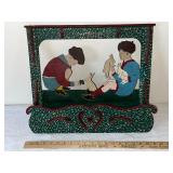 Hand-Painted Wooden Wall Shelf with Children and Bunny Rabbit Design