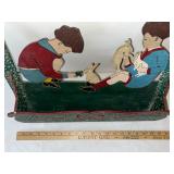 Hand-Painted Wooden Wall Shelf with Children and Bunny Rabbit Design