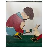 Hand-Painted Wooden Wall Shelf with Children and Bunny Rabbit Design