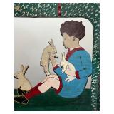 Hand-Painted Wooden Wall Shelf with Children and Bunny Rabbit Design