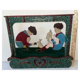 Hand-Painted Wooden Wall Shelf with Children and Bunny Rabbit Design