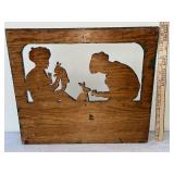 Hand-Painted Wooden Wall Shelf with Children and Bunny Rabbit Design