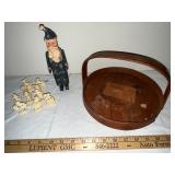 Folk Art Wooden Santa Figure, Handled Shaker Box, and Set of Carved Miniature Figures