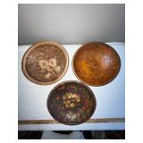 Set of 3 Vintage Wooden Decorative Bowls with Floral Designs