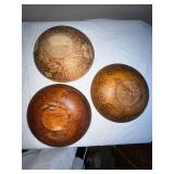 Set of 3 Vintage Wooden Decorative Bowls with Floral Designs