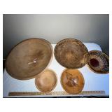 Collection of 5 Vintage Wooden Bowls with Pyrography and Beaded Trim