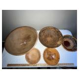 Collection of 5 Vintage Wooden Bowls with Pyrography and Beaded Trim