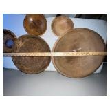 Collection of 5 Vintage Wooden Bowls with Pyrography and Beaded Trim