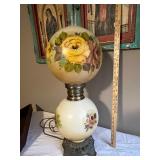 Vintage Hand-Painted Globe Lamp with Floral Design and Ornate Metal Base