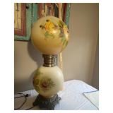 Vintage Hand-Painted Globe Lamp with Floral Design and Ornate Metal Base