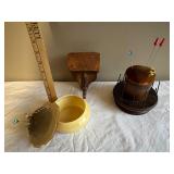 Antique Sewing Notions Lot with Pin Cushions and Wood Clamp Box