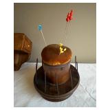 Antique Sewing Notions Lot with Pin Cushions and Wood Clamp Box