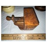 Antique Sewing Notions Lot with Pin Cushions and Wood Clamp Box