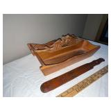 Carved Wood Letter Tray and Decorative Spatula Set
