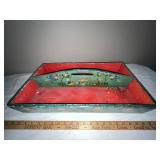 Hand Painted Folk Art Wooden Tote Tray with Decorative Handles
