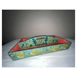 Hand Painted Folk Art Wooden Tote Tray with Decorative Handles