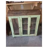 Vintage Wooden Cabinet with Wire Mesh Doors - Rustic Distressed Green