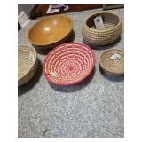 Set of Handcrafted Baskets with Wooden Bowl