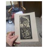 Original Woodcut Art Print - Abstract Female Portrait