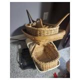Collection of Woven Baskets and Wooden Holder