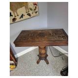 Intricately Inlaid Wooden Pedestal Table with Detailed Designs