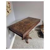Intricately Inlaid Wooden Pedestal Table with Detailed Designs