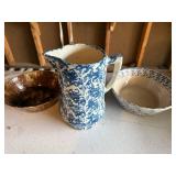 Vintage Blue & White Spatterware Pitcher and Bowls Set