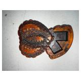 Intricately Carved Wooden Tramp Art Heart-shaped Jewelry Box with Hidden Compartment