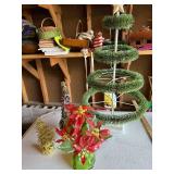 Holiday Decorative Set: Poinsettia Arrangement, Beaded & Tinsel Trees