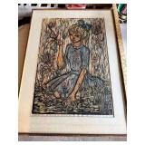 Antique Framed Print of Girl in Garden Block Art Signed