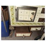 Vintage Cream and Green Tiled Parlor Wood-Burning Stove with Floral Tile Design