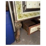 Vintage Cream and Green Tiled Parlor Wood-Burning Stove with Floral Tile Design