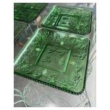 Set of 6 Vintage Green Square Glass Plates with Grape and Leaf Design