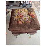 Vintage Wooden Footstool with Floral Needlepoint Top