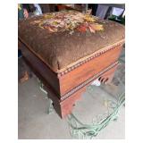 Vintage Wooden Footstool with Floral Needlepoint Top