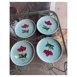 Vintage Set of 4 Decorative Majolica Green with Floral Ceramic Plates